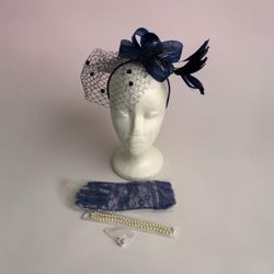 Women’s Blue Fascinator Headband with Lace Gloves, Pearl necklace and earrings