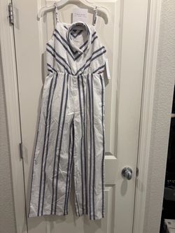 Tamari Girl Girl's White Striped Jumpsuit with Matching Headband - Size 12- NEW