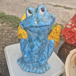 Vintage Frog Lot of 2 - Blue Ceramic Frog & Teal Squeeze Toy
