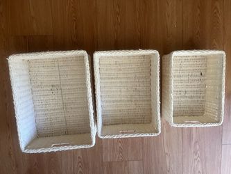 Set of 3 White Woven Wicker Storage Baskets