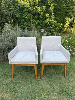 Mid Century Modern Walnut Arm or Accent Chairs Gray Fabric Set of 2