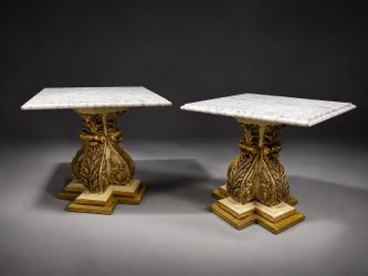 Pair of Signed 1970 Fuggiti Studios Hollywood Regency Gilt Pedestal Tables With Marble Tops