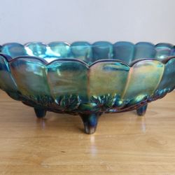 Vintage Carnival Glass Fruit Bowl Iridescent Blue Centerpiece