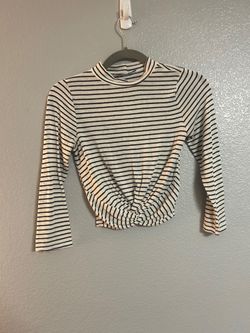 Women’s white black striped front knot 3/4 long sleeve crop top shirt size small