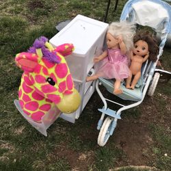 A Beautiful Doll Stroller , With Dolls, And A Chest With  Draws To Keep  The Dolls Items 