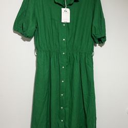 Free Assembly Women's Midi Shirtdress with Puff Sleeves Green Size L NWT