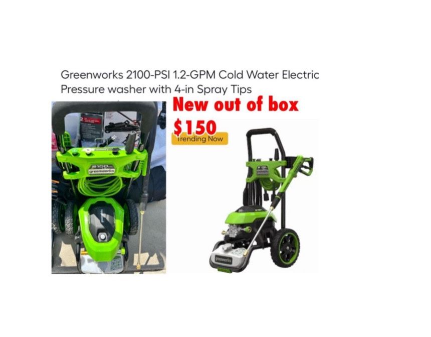 New out of box Greenworks 2100-PSI 1.2-GPM Cold Water Electric Pressure washer with 4-in Spray Tips $150 cash only East Palmdale