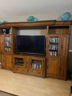 Large Oak Wood Entertainment Center Wall Unit