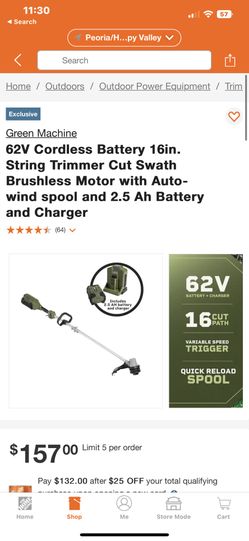 Green Machine 62V Cordless Battery 16in. String Trimmer Cut Swath Brushless Motor with Auto-Wind Spool and 2.5 Ah Battery and Charger
