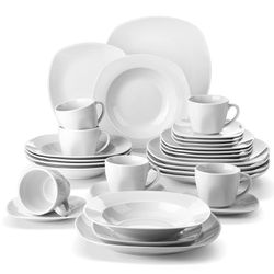 MALACASA 30-Piece Porcelain White Dinnerware Set ,Serving Plates Dishes Set With Dinner Plates Soup Plates Dessert Plates Cups Saucers Service For 6, 