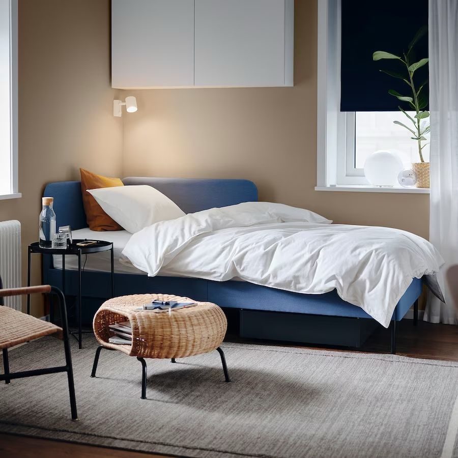 BLÅKULLEN Uph bed frame with corner headboard, Knisa medium blue, Twin