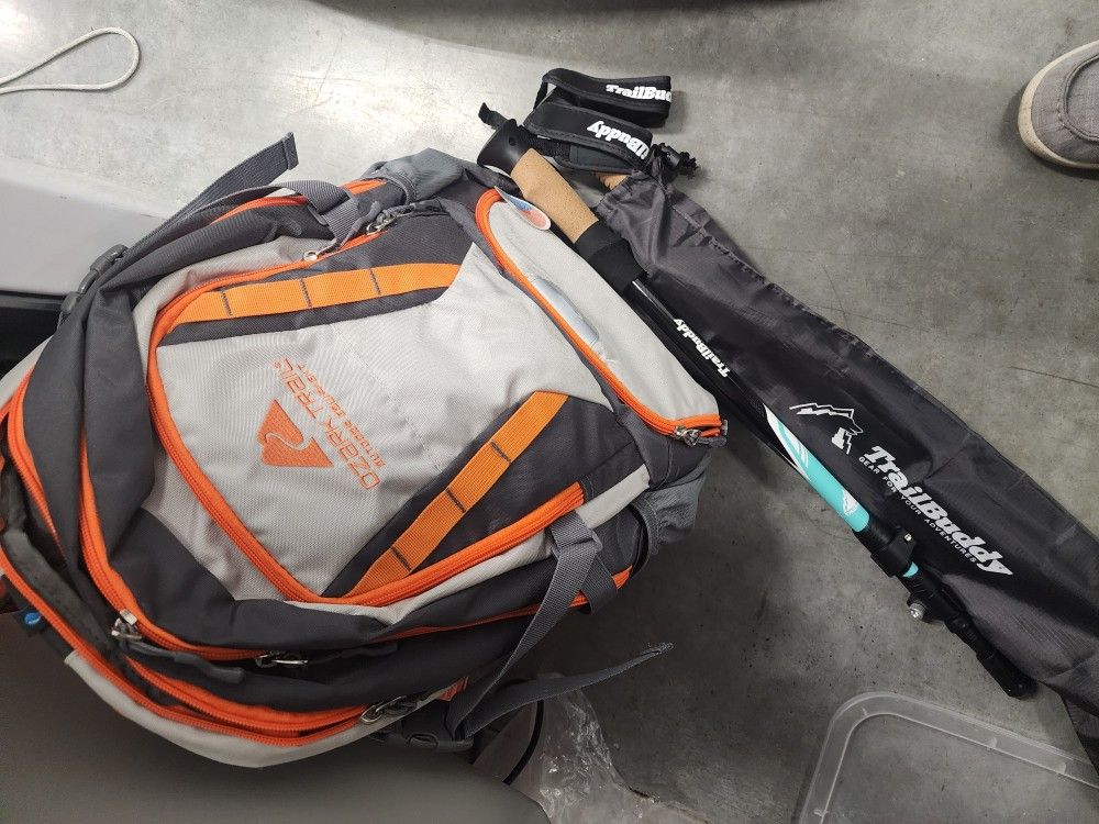 Backpack And Hiking Poles 
