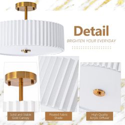 Bargeni 16.5 Inch Semi Flush Mount Ceiling Light Fixture, Gold Finish with Pleated Fabric Shade