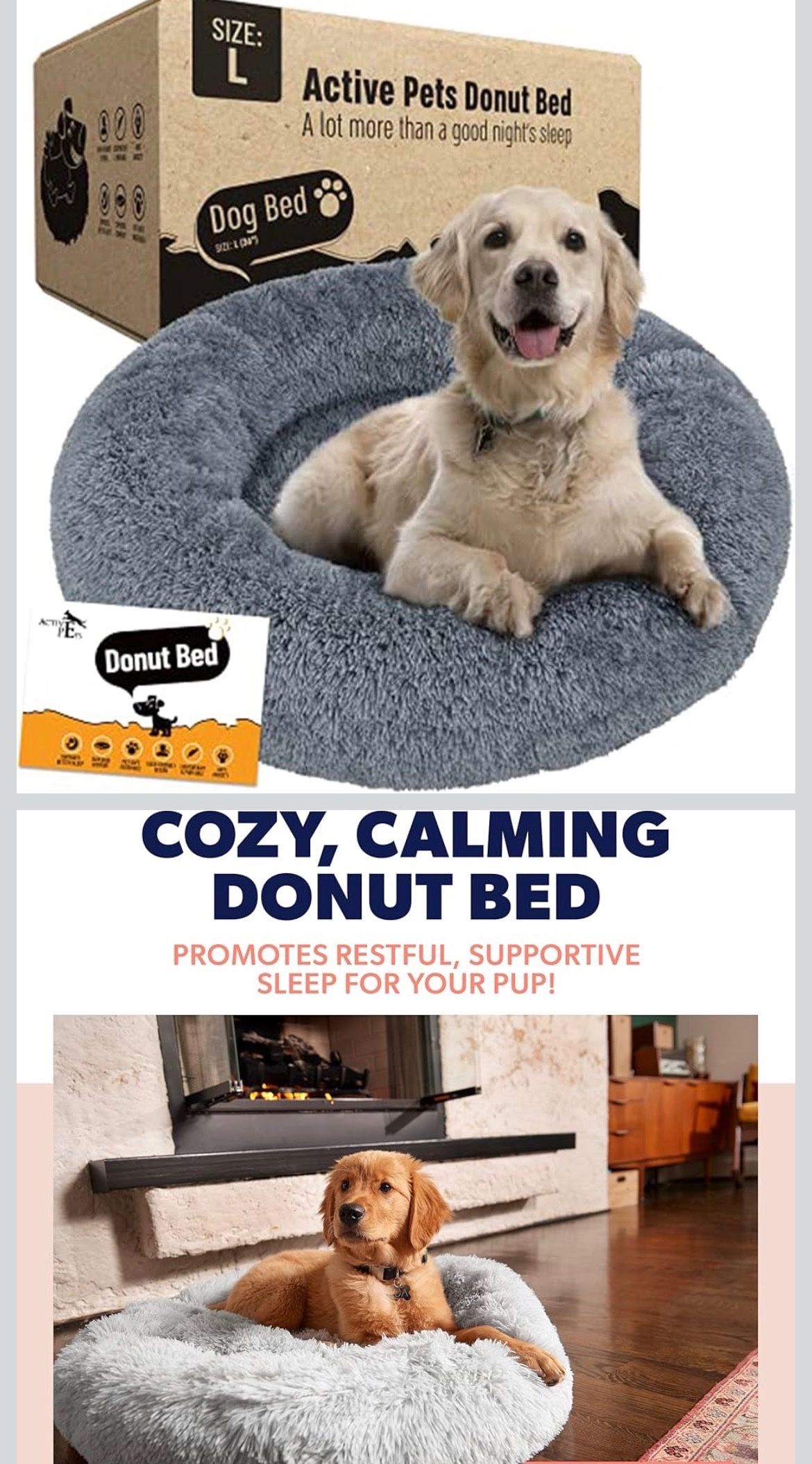 Active Pets Calming Plush Dog Bed Donut Joint Support Anxiety Relief Washable Pet Bed with Removable Cover for Dogs Cats, Large 36", dark gray