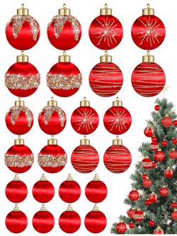 Poen 24 Pcs Christmas Balls Ornaments 3 Size Satin Silk,red