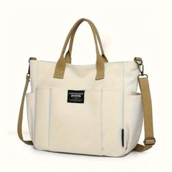 Women Color‑Contrast Handle Canvas Tote Bag, Multi‑Pocket Large Capacity Handbag, 2‑Way Wear Should