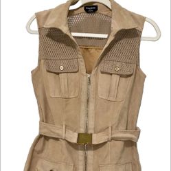 Bebe Top Faux Suede Tunic Belted Sleeveless Long Vest Top, Zip Up, Beige, Size Small