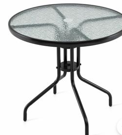 Patio Round Dining Table with Tempered Glass Tabletop and 2" Umbrella Hole