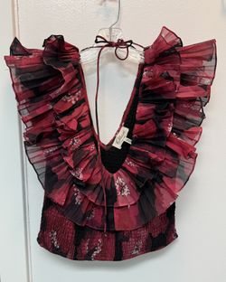 Anthropologie Ollari Top Womens Small Red Floral Smocked RuffledOrganza Blouse