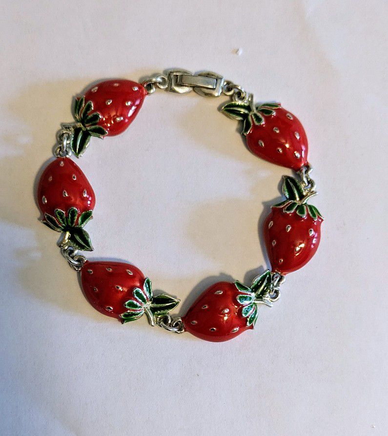 Strawberry Bracelet Silver Tone Six Red Strawberries Green Leaves 8" Length
