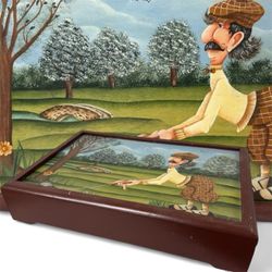 Vintage Hand Painted Wooden Trinket Box Golf Cartoon Golfer Signed 2005