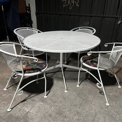 4 Metal Outdoor Patio Chairs w/ Cushions & 48” Metal Outdoor Patio Table