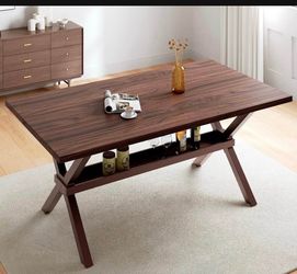 Wood Dining Table with Bottom Metal Leg Shelf for 6 People