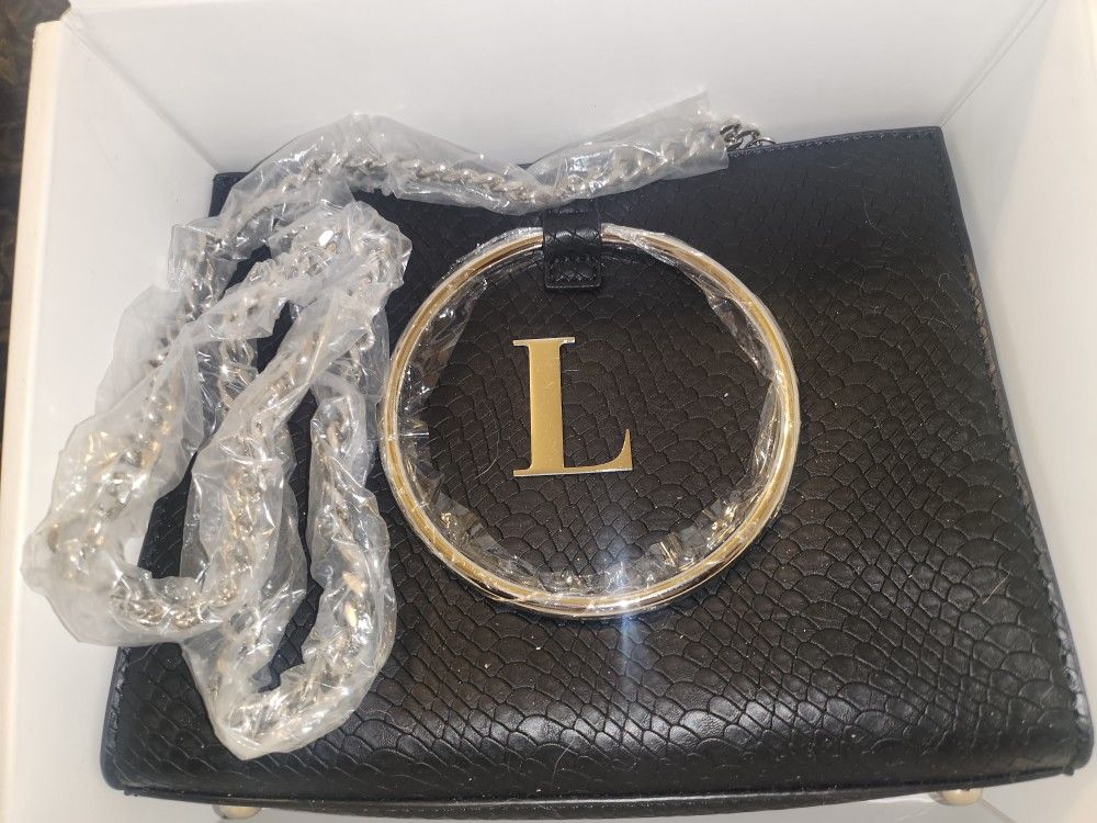 New. Abbott Lane Silver Emblem Initial "L" All Leather Handbag W/Hoop Handles & Silver Chain Strap