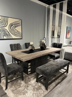Modern Dining Set W/ Stone Finish Table Top & Storage Shelf