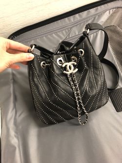 Chanel Black Studded Chevron Calfskin drawstring bag for Sale in