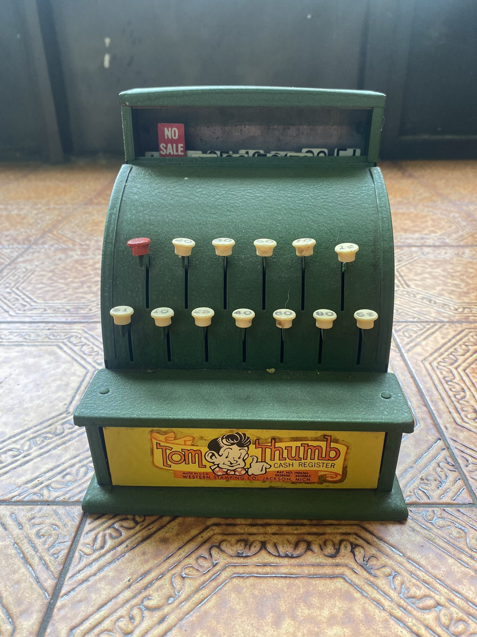 Vintage Tom Thumb Metal Toy Cash Register - Green & Yellow - 1950's Child's Toy