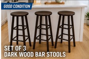 Set of 3 Dark Wood Bar Stools – Good Condition