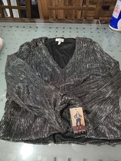 Dressy Top - Long Sleeve - Black and Silver XXL