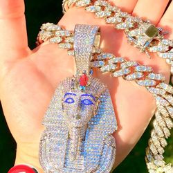 ✅14k Gold Fill Stamp Egyptian King TUT Pharaoh Medallion+Miami Cuban Gold Plated 10mm 22" Chain Pendant