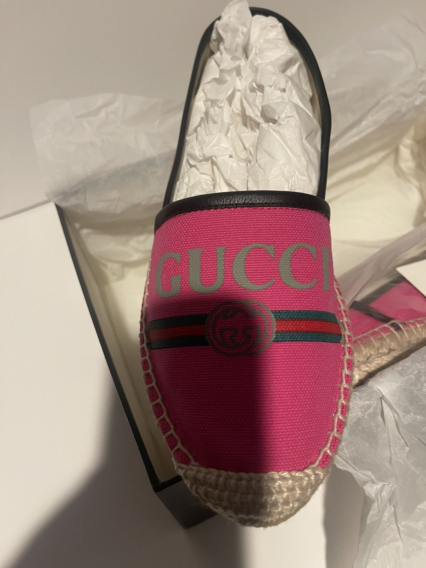 Gucci Pilar Pink Canvas Black Leather Trim GG Logo Print Flat Espadrilles