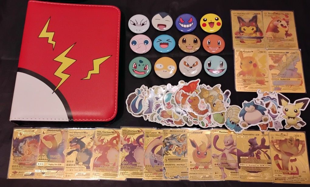 Pokemon Card Binder W/Sheets,Stickers,Pins,Foil Cards lot 
