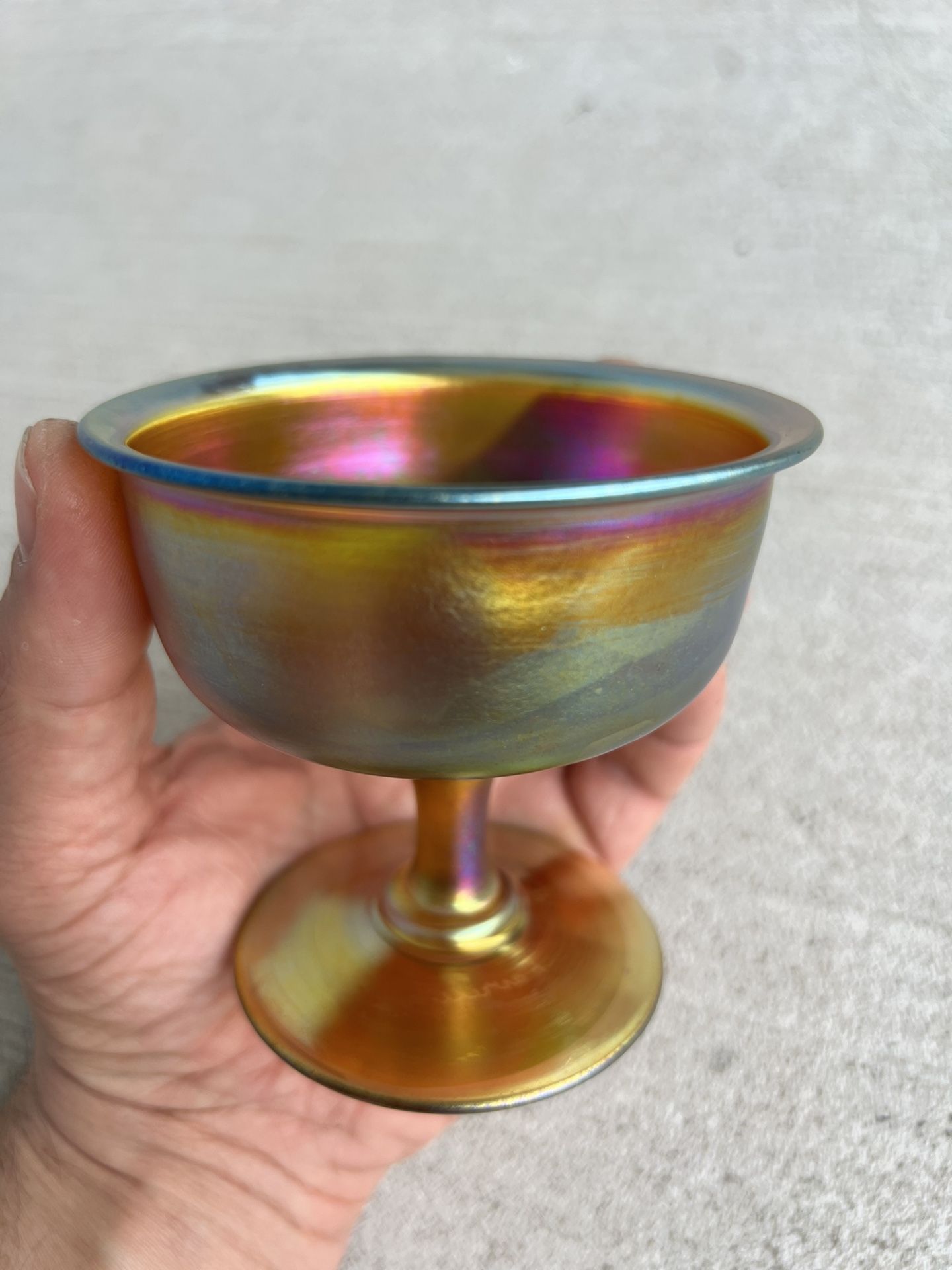 Antique L.C.T. Tiffany Favrile Glass Sherbet / Compote Bowl – Iridescent Gold – Signed