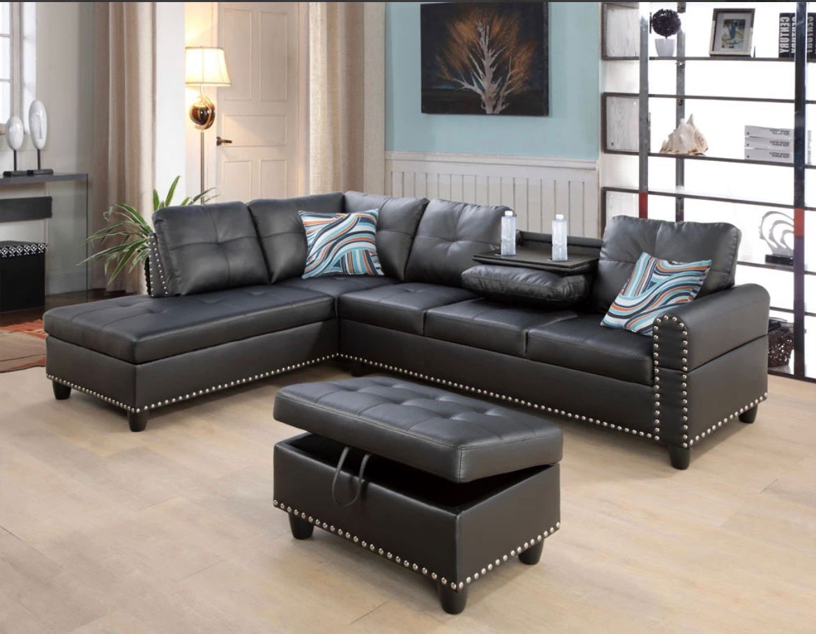 New Black Leather Sectional Sofa Couch With Storage Ottoman And Pillows New In Packaging 
