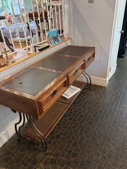 Vintage Wood Console Table – 3 Drawers & Cane Shelf