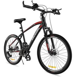 26" Mountain Bike with Daul Disc Brakes, 21 Speed, Aluminium Alloy Frame MTB, Black