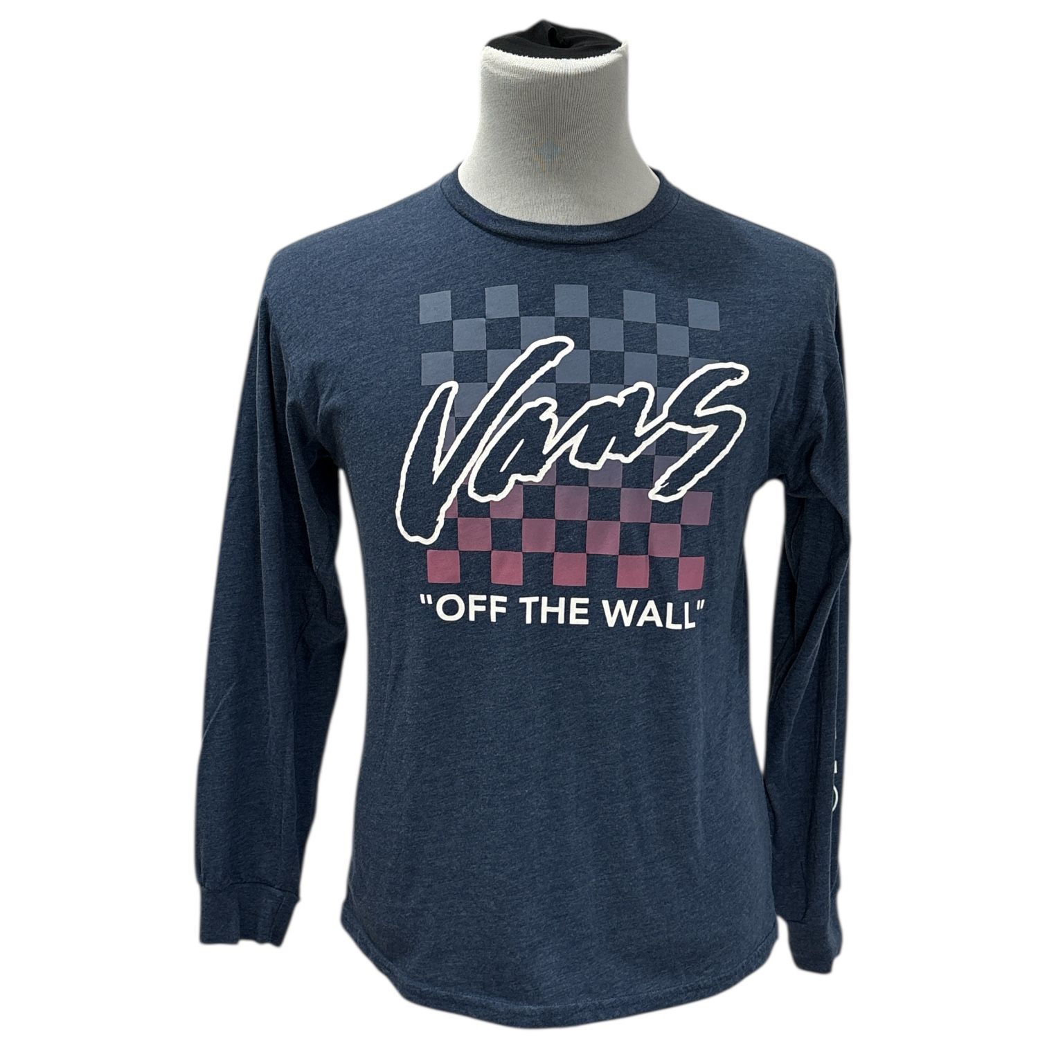 Vans Men's Navy Blue Heather Checkered Logo Long Sleeve Tee T-Shirt Size Medium