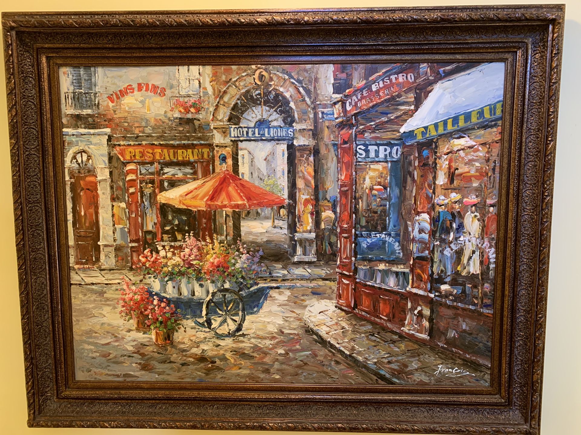 Original Large Oil On Canvas Signed Painting of French Street Scene