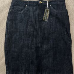  large dark blue jean material mid knee skirt 