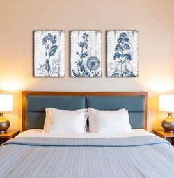 Rustic Navy Blue & White Botanical Canvas Prints (Set of 3) - 16x20 Farmhouse Wall Art