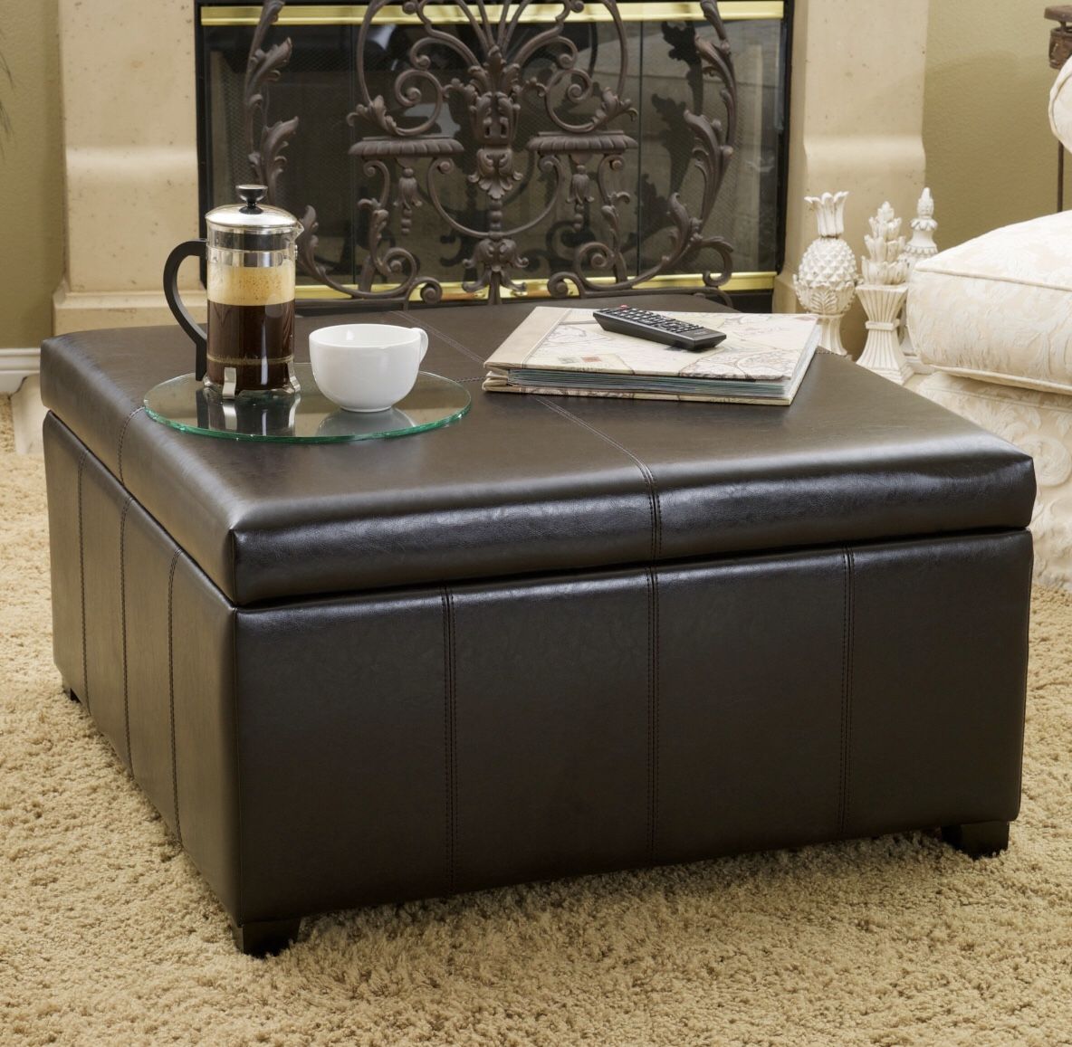 Noble House Abigail Espresso Bonded Leather Square Storage Ottoman