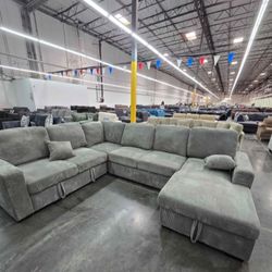 XL Sectional Sofa With Pull-out Bed & Storage Grey Corduroy 