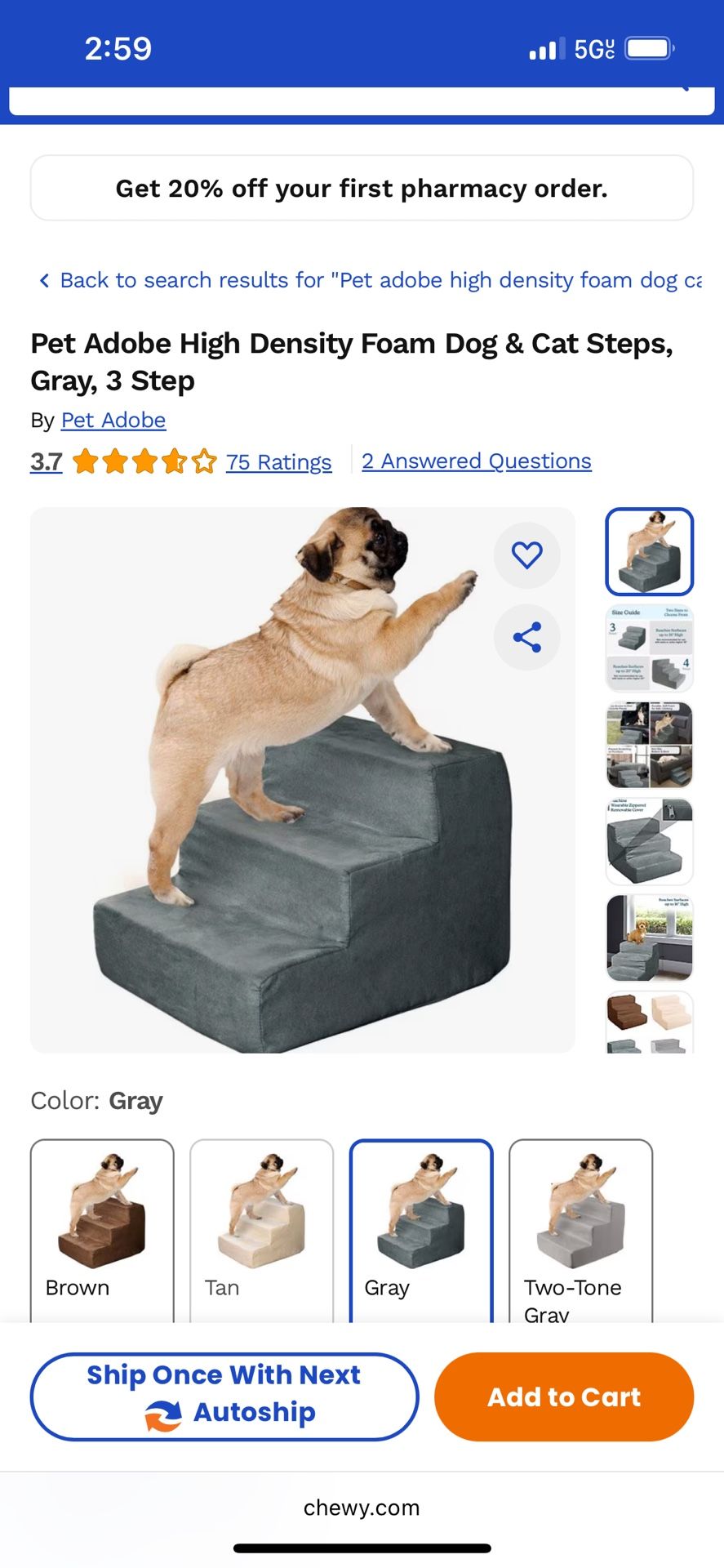 Pet Adobe High Density Foam Dog & Cat Steps, Gray, 3 Step Pet Ladder Ramp