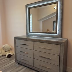 Modern Gray 6-Drawer Dresser Vanity w/ Mirror + Gold Handles (Like New)