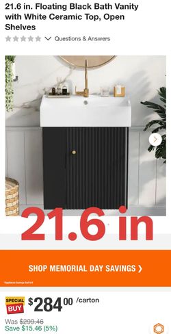 21.6 in. Floating Black Bath Vanity with White Ceramic Top, Open Shelves