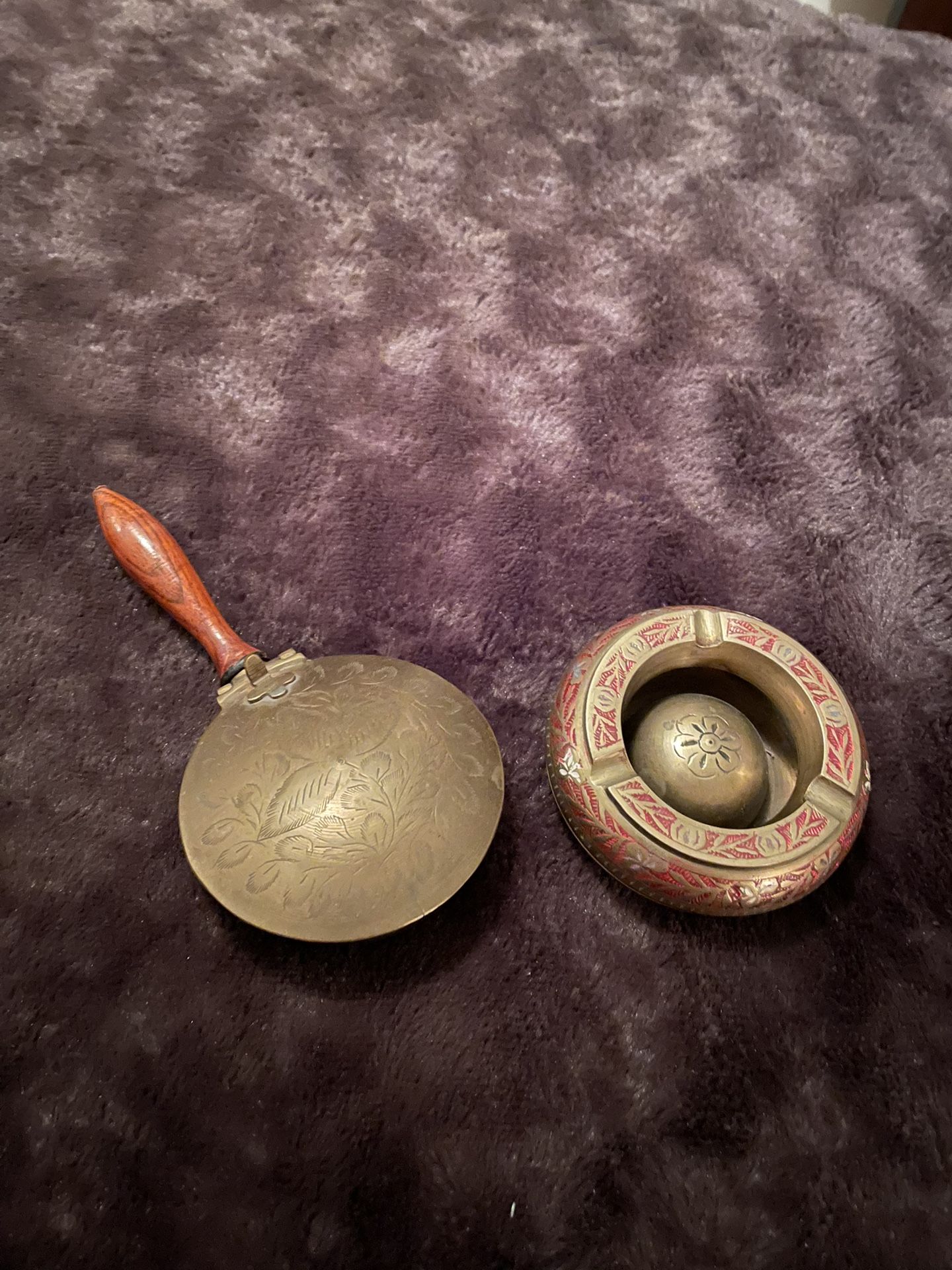 Vintage Brass Silent Butler Or Crumb Catcher And Vintage Brass Engraved Ashtray